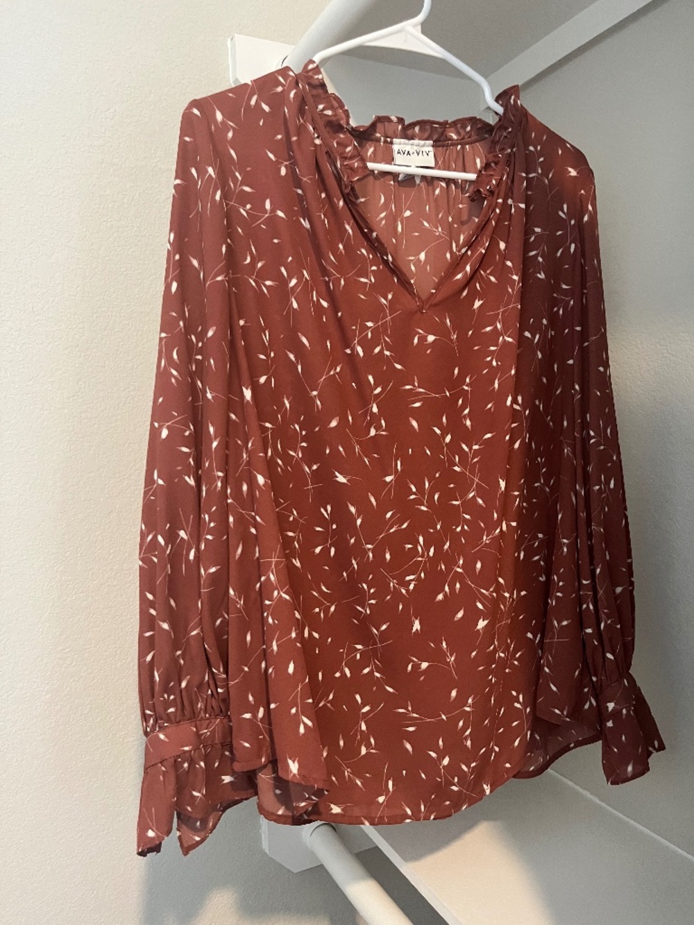 Tan and White Long Sleeve with Ruffle Wrist Detail Blouse